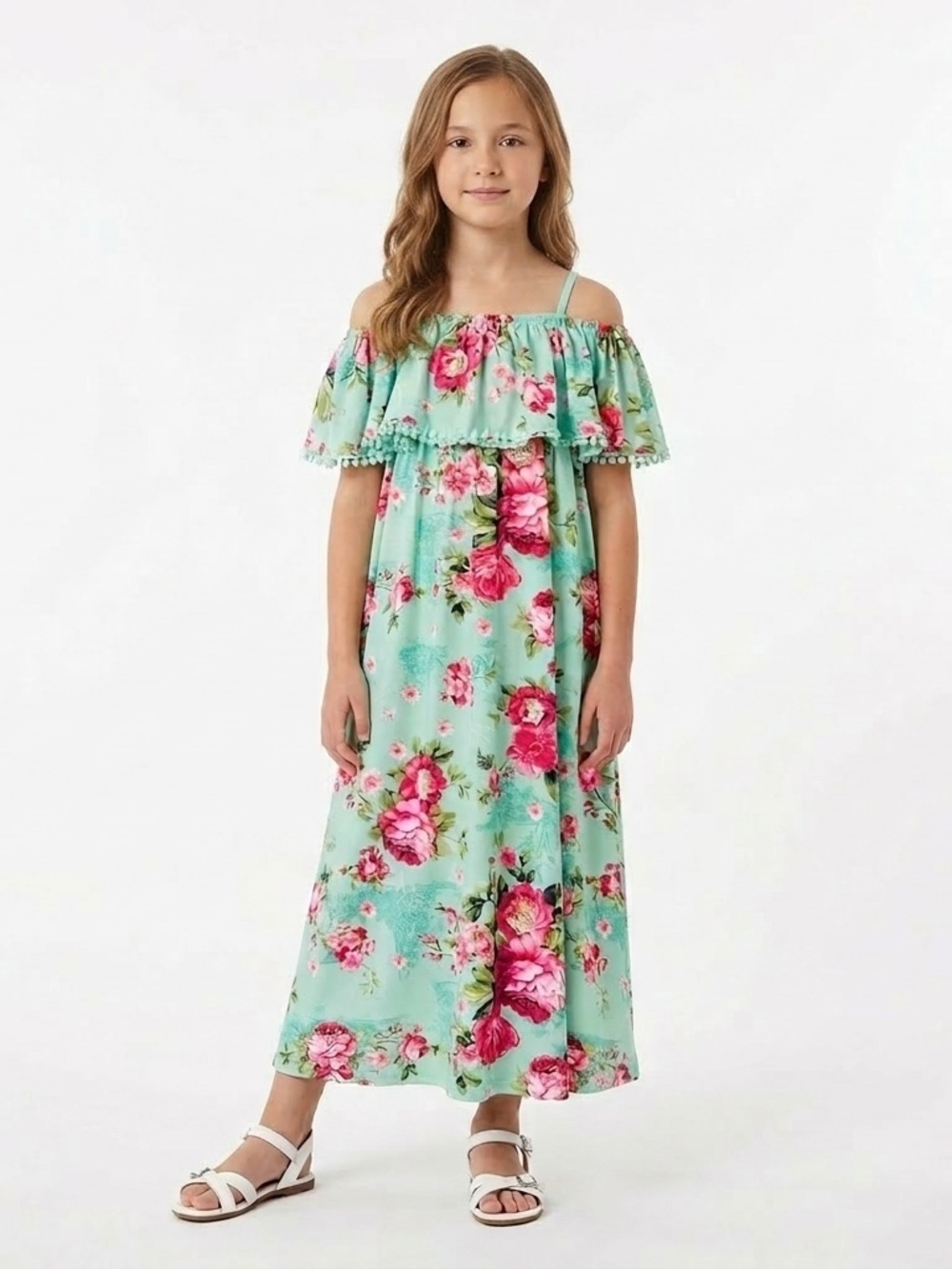 PatPat Mint Green Floral Off-Shoulder Maxi Dress with Pink Roses